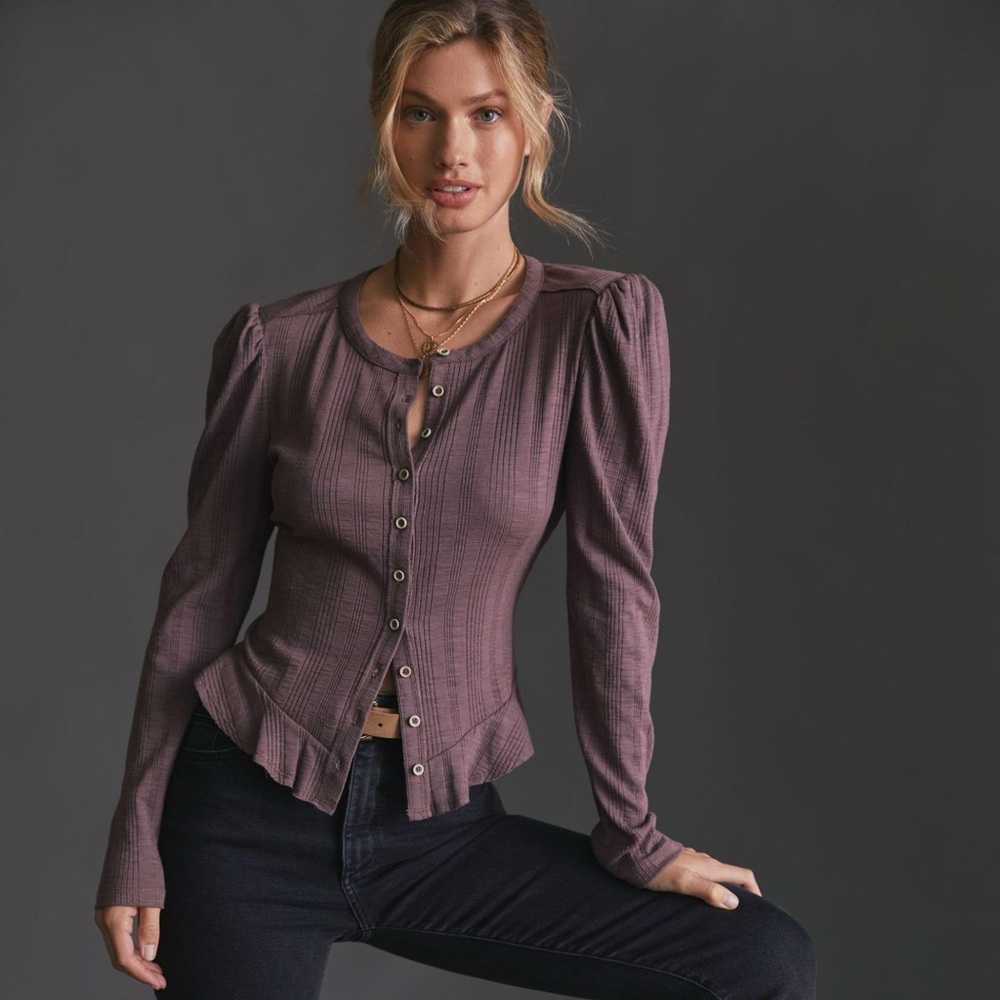 Anthropologie Pilcro Puff-Sleeved Cardigan Mauve